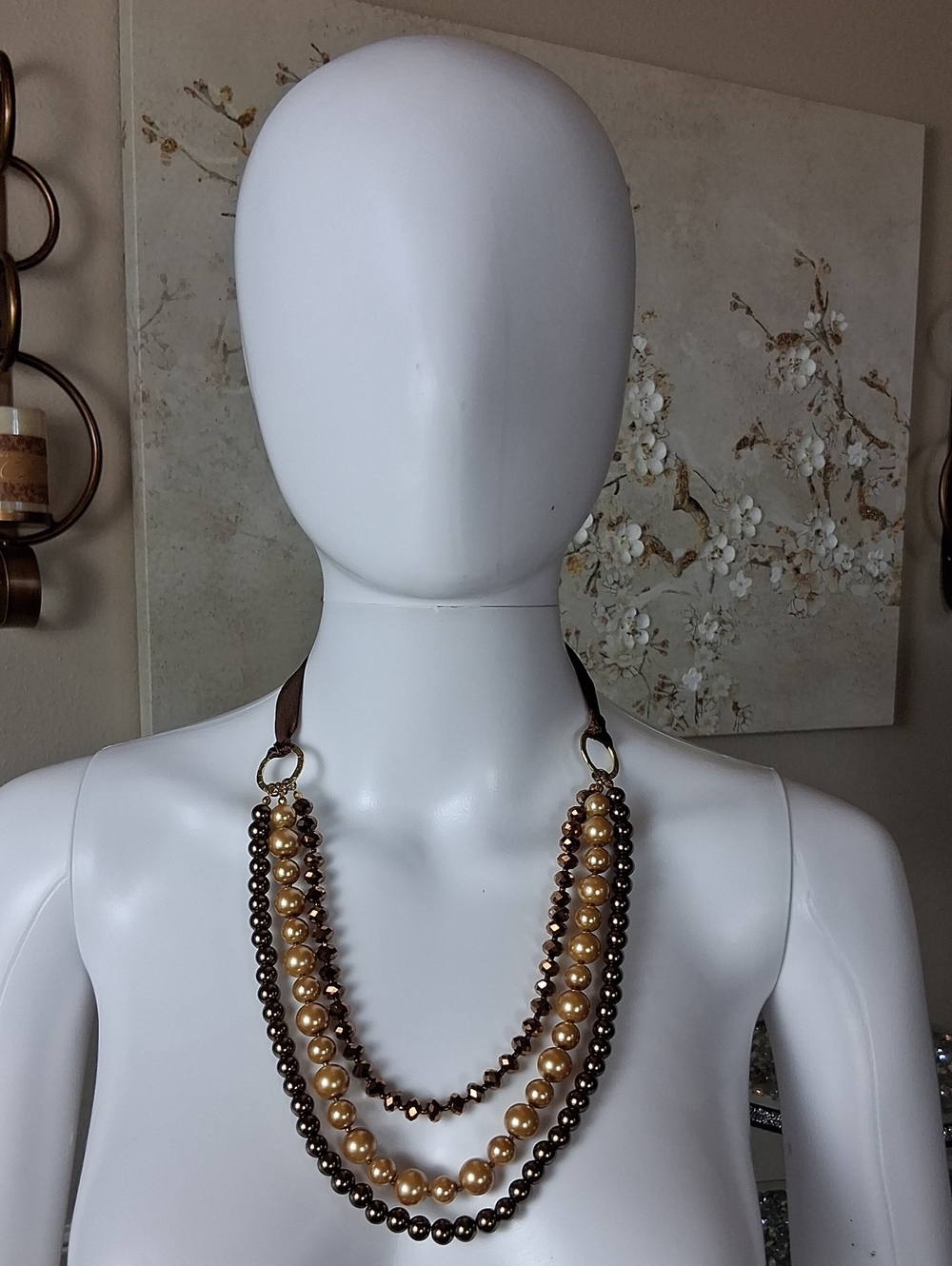 Women's Elegant Brown And Gold Faux Pearl Multi-Strand Statement Necklace - Picture 10 of 14
